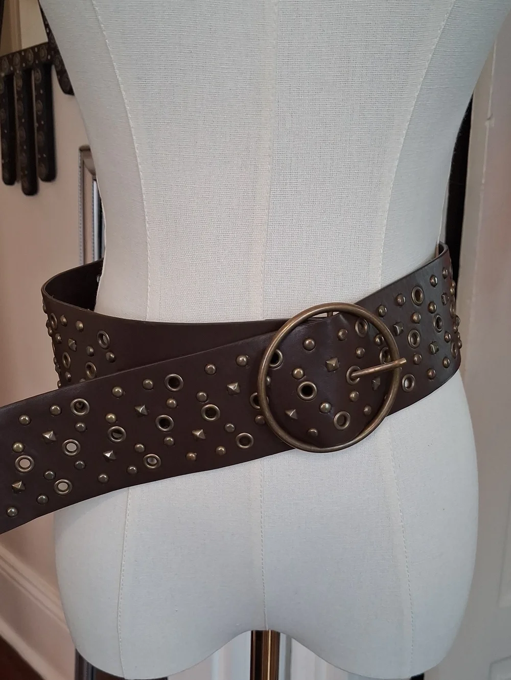Brown Studded Wide Belt Boho Western Faux Leather Grommet Buckle Size Small